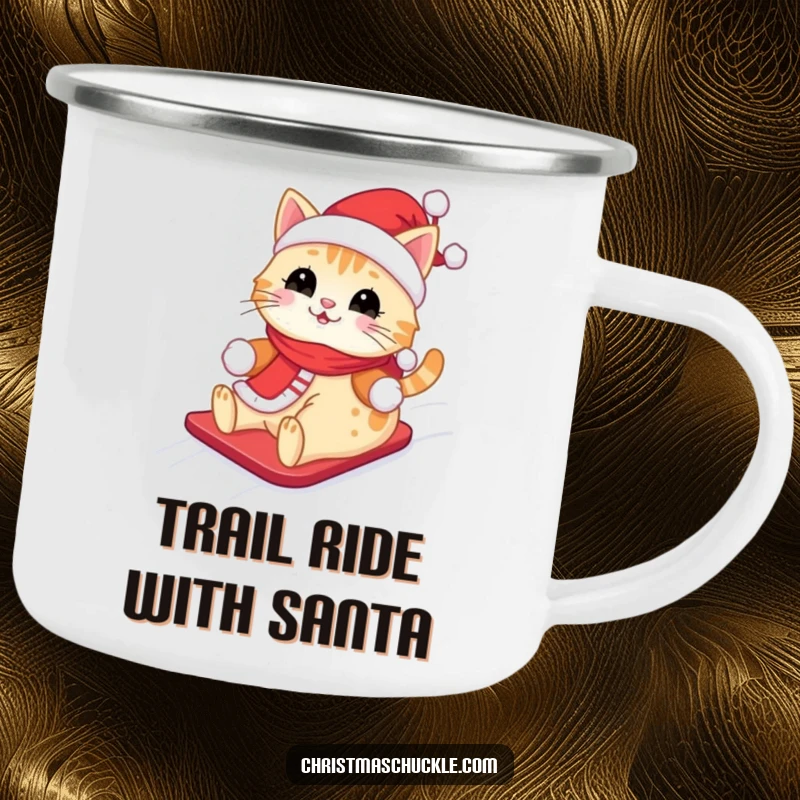 Funny Kawaii Santa Cat Camping Mug: A cute cat wearing a Santa outfit, happily sliding down a snowy hill, for outdoor use.