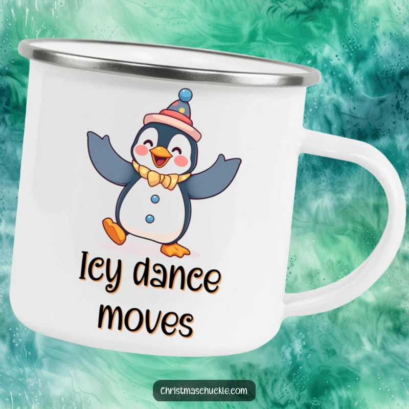 Funny penguin camping mug, a penguin dressed as a clown, doing a silly dance with flapping arms, outdoor humor.