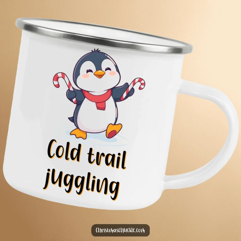 Funny cute penguin slipping on ice, juggling candy canes on a rugged camping mug, perfect for outdoor winter fun.