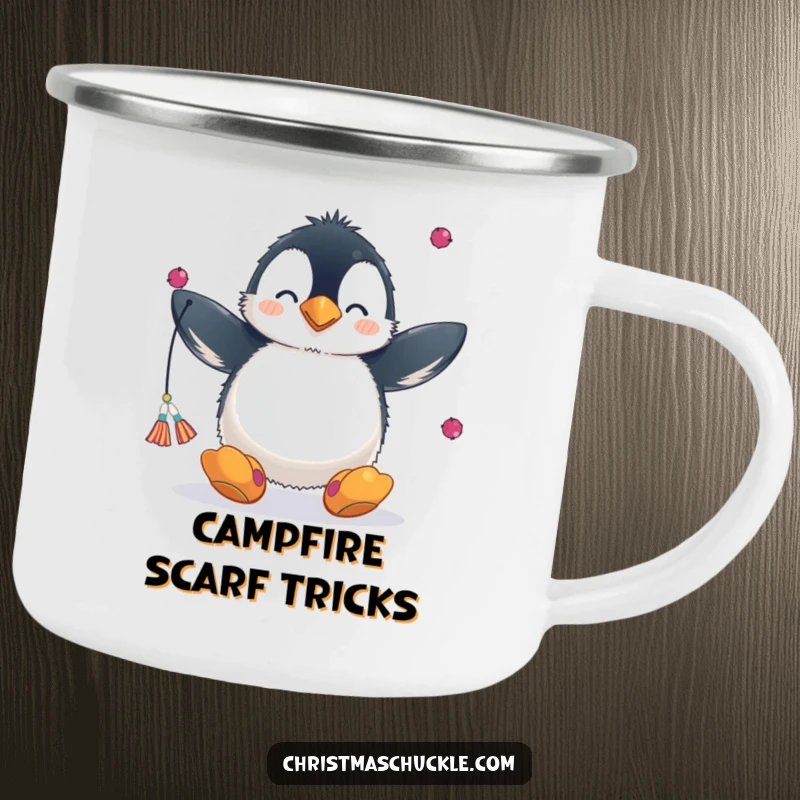 Funny enamel camping mug with a fluffy penguin in a clown nose and big shoes, juggling scarves, perfect for outdoor circus fans.