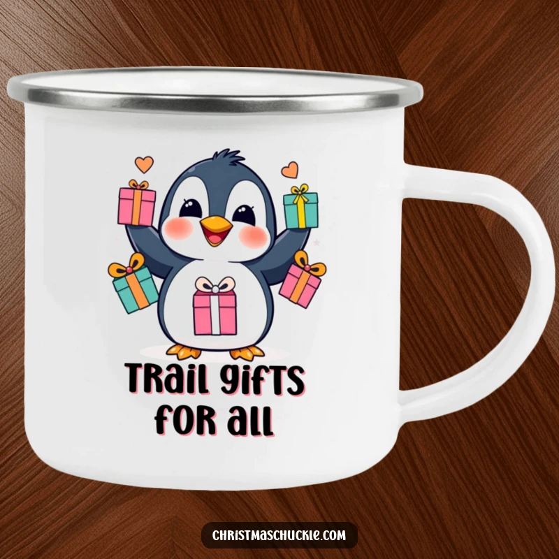 Funny penguin juggling camping mug, a cheerful bird tossing gifts, ideal for enjoying beverages during outdoor escapades.
