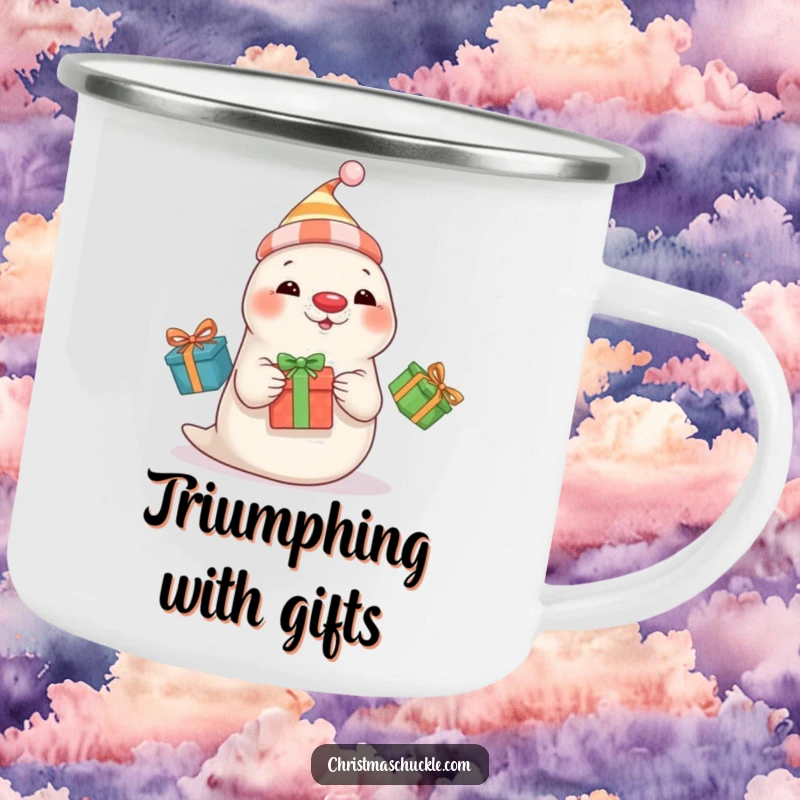 Funny seal clown in a hat and red nose juggles three presents, a durable and humorous camping mug.