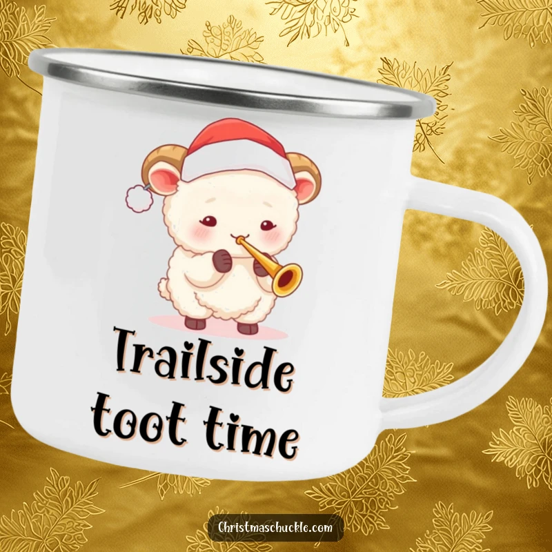 Funny sheep in Santa hat plays a tiny trumpet on a rugged camping mug, perfect for outdoor holiday cheer.