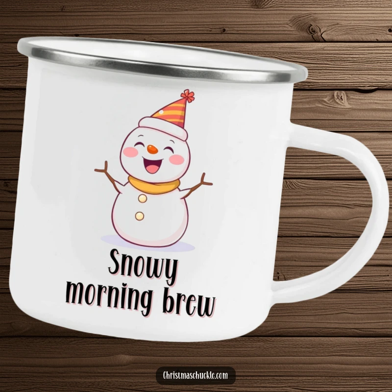 Funny camping mug with a happy snowman wearing a tiny party hat, spinning with joy, ready for outdoor winter fun.