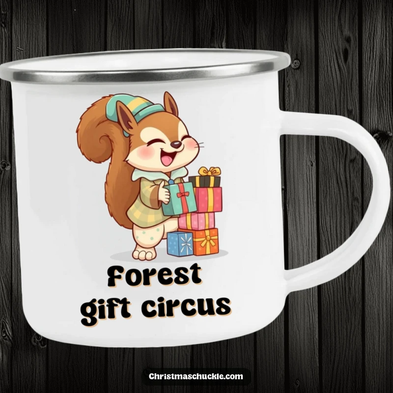 Funny squirrel clown camping mug showing a squirrel in a clown suit balancing presents, ready for outdoor fun.