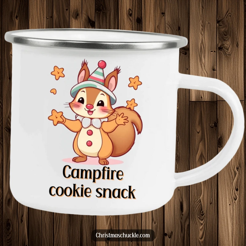 Funny squirrel dressed as a clown juggling small cookies, printed on a sturdy and funny camping mug.