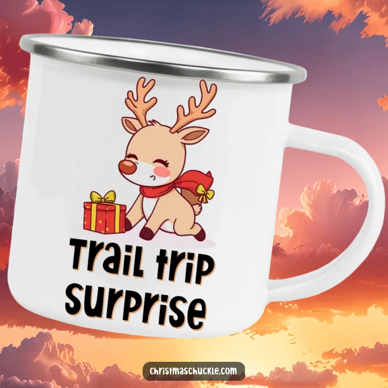 Funny blushing reindeer tripping while delivering a gift on a rugged camping mug, perfect for outdoor holiday fun.