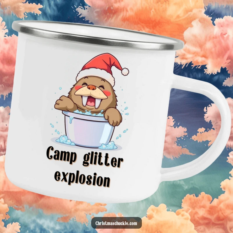 Funny walrus clown camping mug, wearing a Santa hat, playfully splashing in a bucket of glitter, durable and comical outdoor gear.