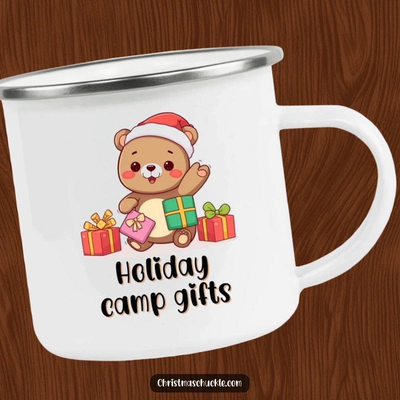 Funny kawaii bear Santa juggling gifts, a durable camping mug for festive outdoor enjoyment and humorous holiday spirit.