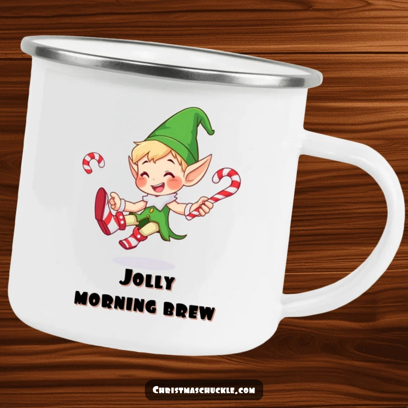 Funny camping mug with a smiling elf in clown shoes, juggling candy canes, ready for outdoor fun and holiday celebrations.