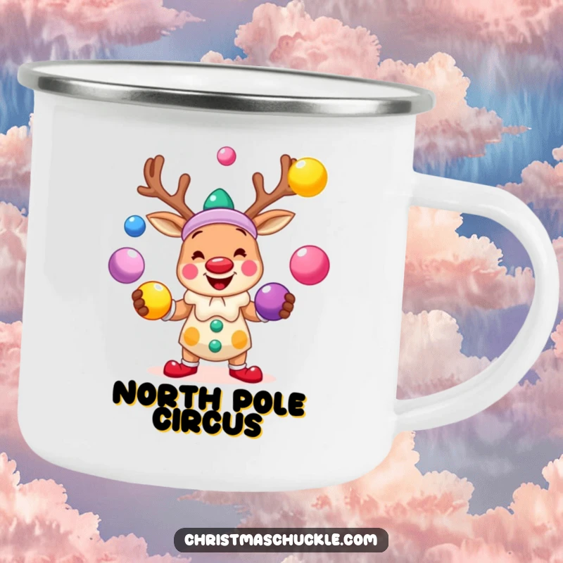 Funny camping mug with a smiling reindeer clown juggling brightly colored balls, perfect for cheerful outdoor holiday breaks.