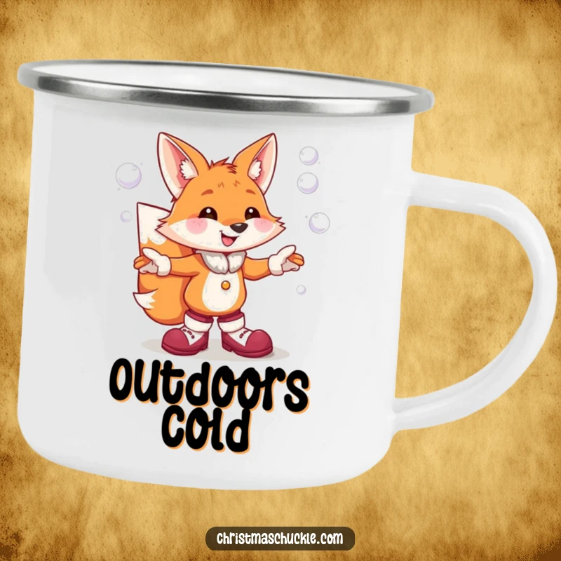 Funny camping mug featuring a cheerful fox in clown shoes, humorously juggling snowball projectiles, ideal for outdoor enthusiasts.