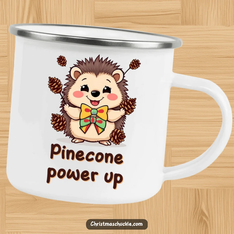 Funny camping mug with a happy hedgehog in a clown bowtie, juggling pinecones for outdoor fun.