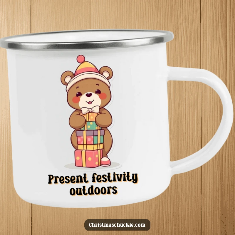 Funny camping mug featuring a bear clown balancing presents, perfect for outdoor adventures and enjoying warm drinks with festive humor.