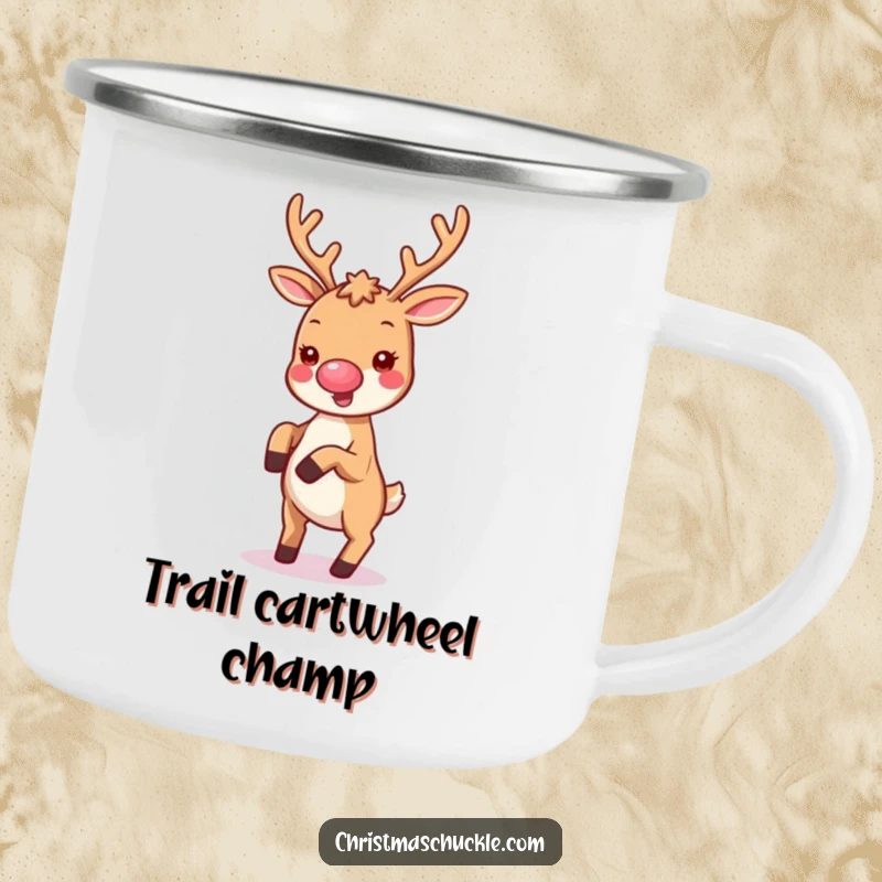 Funny camping mug with a kawaii reindeer wearing a tiny clown nose, joyfully doing a cartwheel, perfect for outdoor fun.
