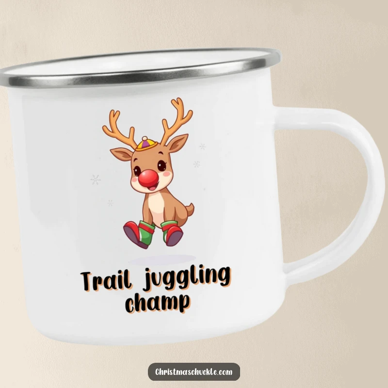 Funny camping mug with a cute reindeer dressed as a clown, juggling snowflakes, designed for outdoor enthusiasts who appreciate humor.