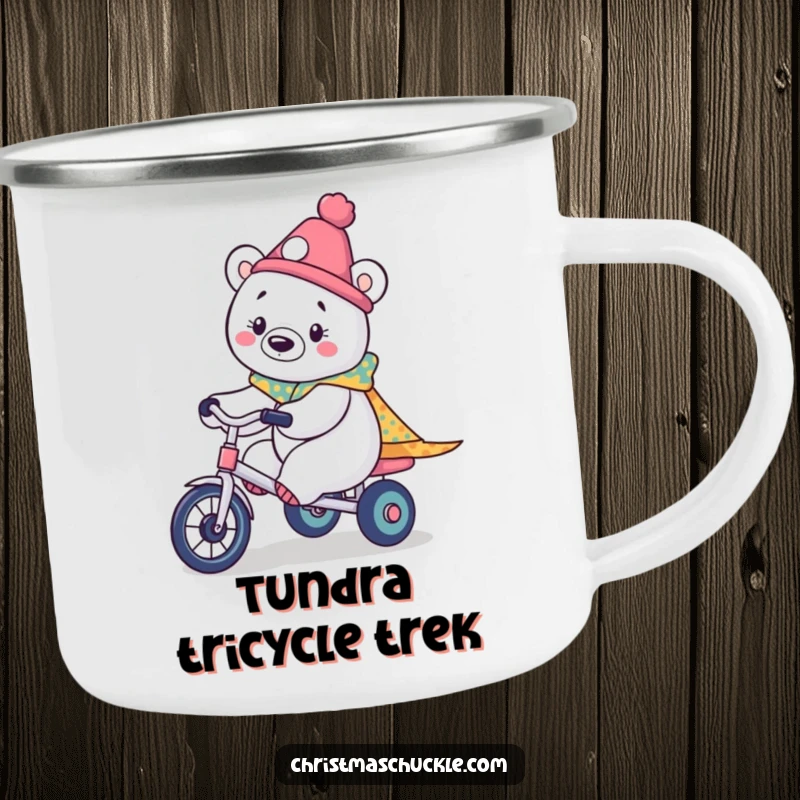 Funny camping mug featuring a kawaii polar bear dressed as a clown, riding a miniature tricycle, ideal for outdoor enthusiasts.