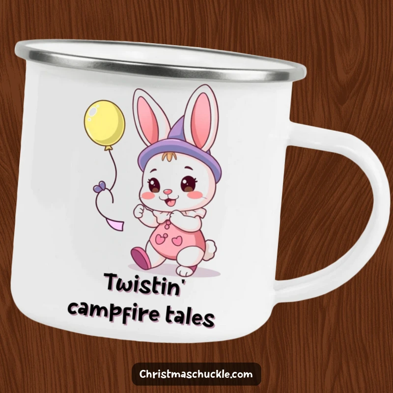Funny camping mug featuring a happy bunny clown twisting a balloon animal during an outdoor adventure.