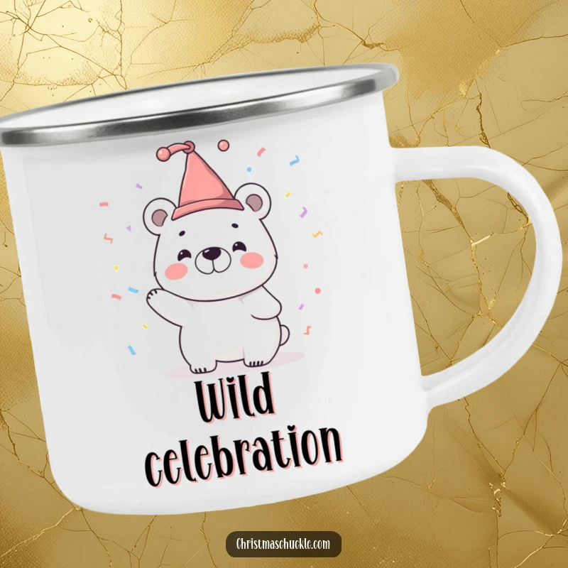 Funny camping mug featuring a smiling polar bear character in a tiny jester hat, joyfully tossing confetti, ready for outdoor fun.