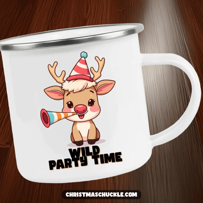Funny happy reindeer wearing a clown wig and blowing a party horn, on a rugged camping mug for outdoor enjoyment and festive humor.