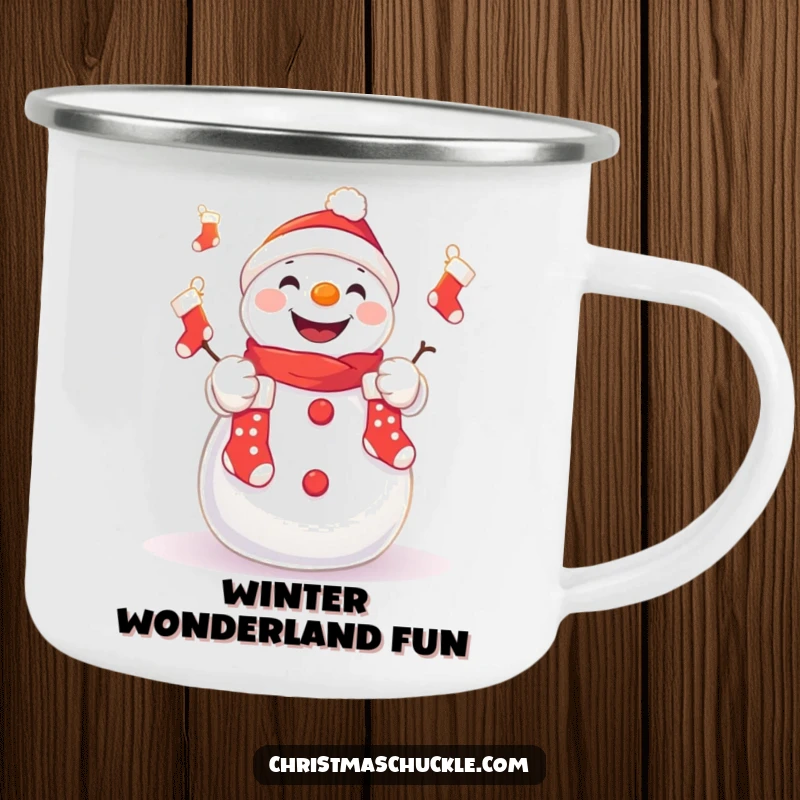 Funny camping mug with a cute kawaii snowman juggling tiny Christmas stockings, durable and humorous outdoor gear.