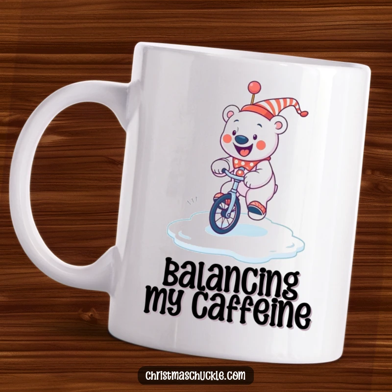 Funny jolly polar bear clown attempting to ride a unicycle on a slippery ice patch, a humorous winter-themed mug design.