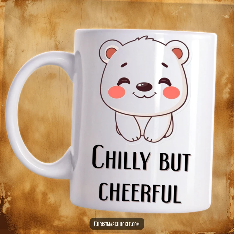 Funny mug featuring a friendly polar bear character with bright red cheeks and a wide, silly grin.