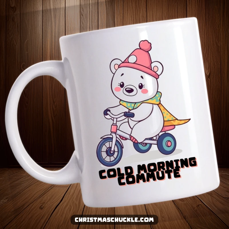 Funny kawaii mug showing a cute polar bear in clown makeup and wig, hilariously riding a tiny tricycle with a happy expression.