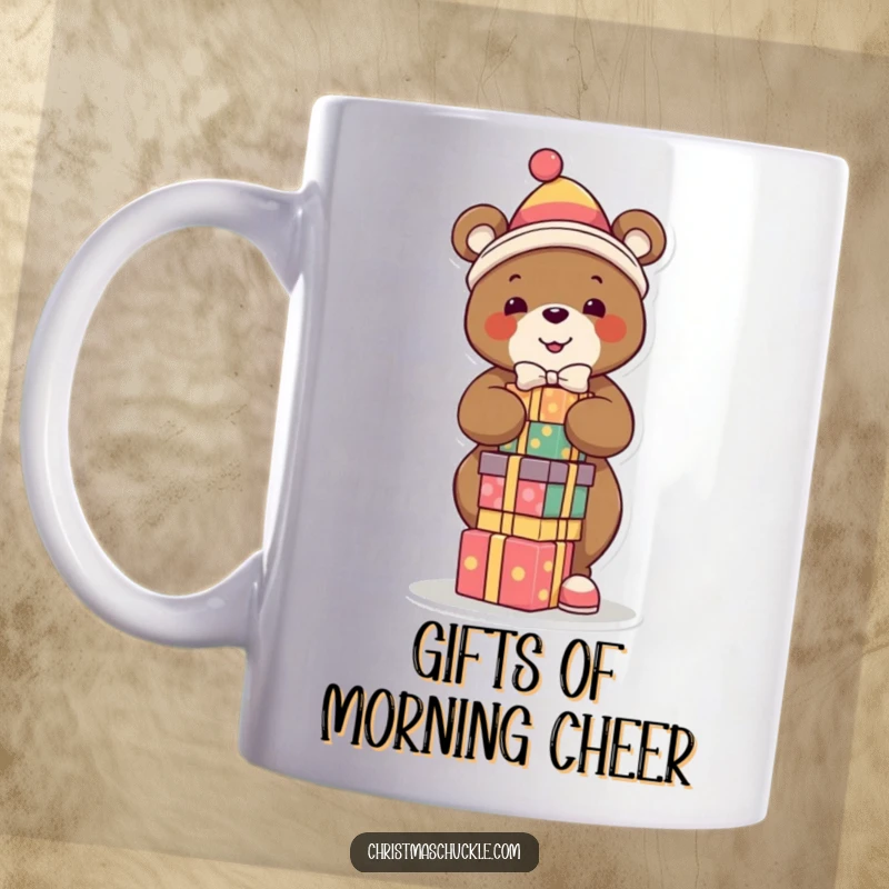 Funny mug with a smiling bear in a clown suit, precariously balancing stacks of presents, symbolizing festive chaos and joy.