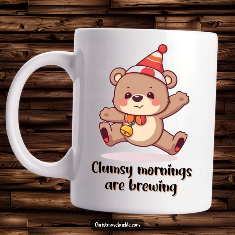 Funny bear mug featuring a clumsy bear in a clown hat and jingle bells, hilariously tripping over its own feet.