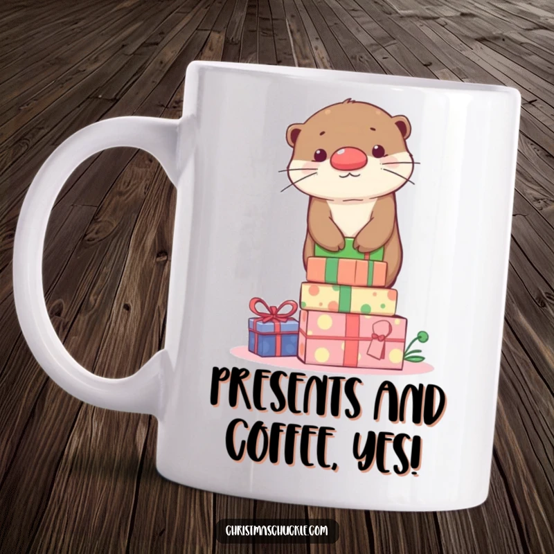 Funny cute otter wearing a clown nose, precariously balancing atop a tall stack of colorful gift boxes, mug.