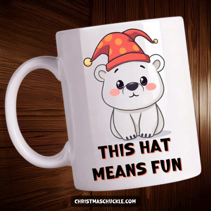 Funny curious polar bear wearing a colorful jester hat, peeking out playfully on a ceramic mug, creating a whimsical and humorous design.