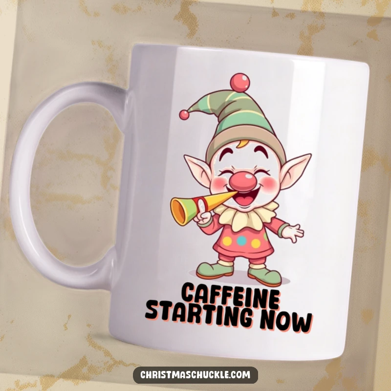 Funny giggling elf clown with a squeaky nose enthusiastically blowing a party horn, a humorous celebration mug design for festive occasions.