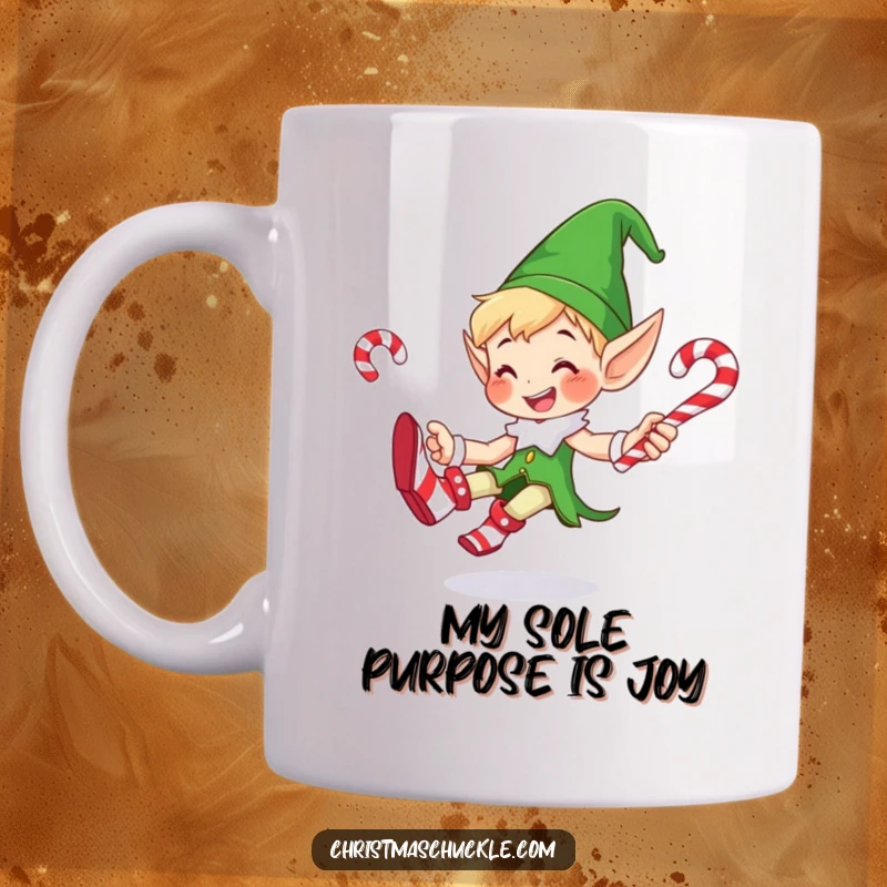 Funny mug of a smiling elf in big clown shoes, expertly juggling candy canes with a playful expression, perfect for holiday cheer.