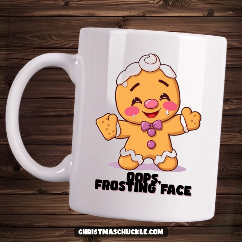 Funny gingerbread man clown mug, blushing with frosting on face, struggling to balance crackers, a comical kitchen mishap.
