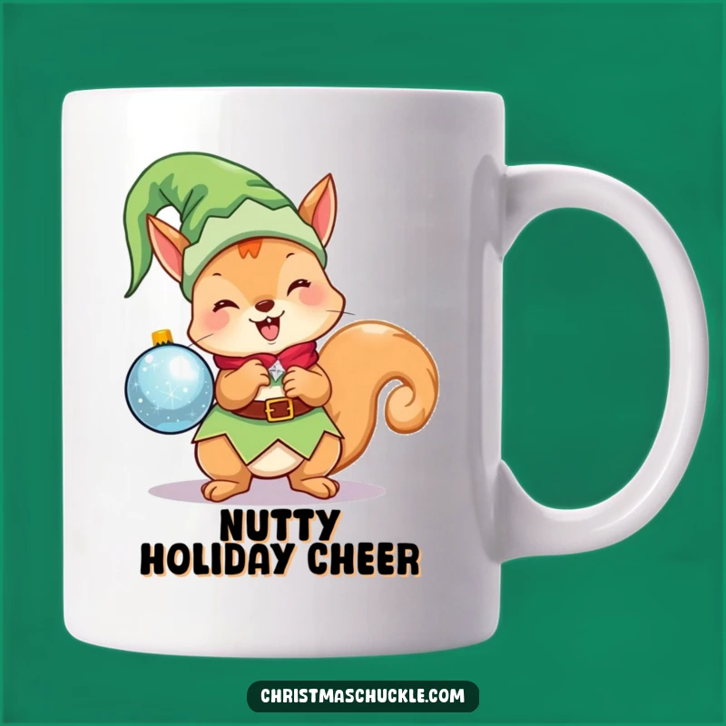 Funny Kawaii Elf Squirrel Mug: Cute Christmas Character Holding Ornament, Perfect Funny Gift