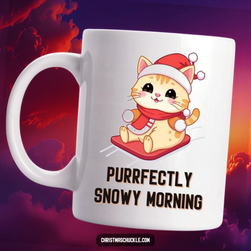 Funny Kawaii Santa Cat Mug: A cute cat wearing a Santa outfit, happily sliding down a snowy hill, bringing festive cheer.