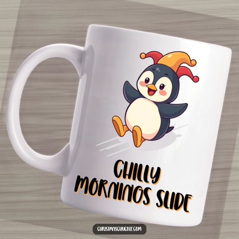 Funny penguin clown mug featuring a cheerful penguin character sliding down a festive hill with a clown nose.