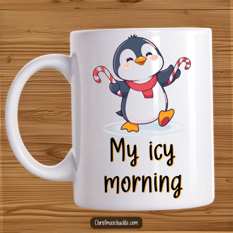 Funny cute penguin slipping on ice while comically juggling candy canes, bringing winter fun and holiday spirit.