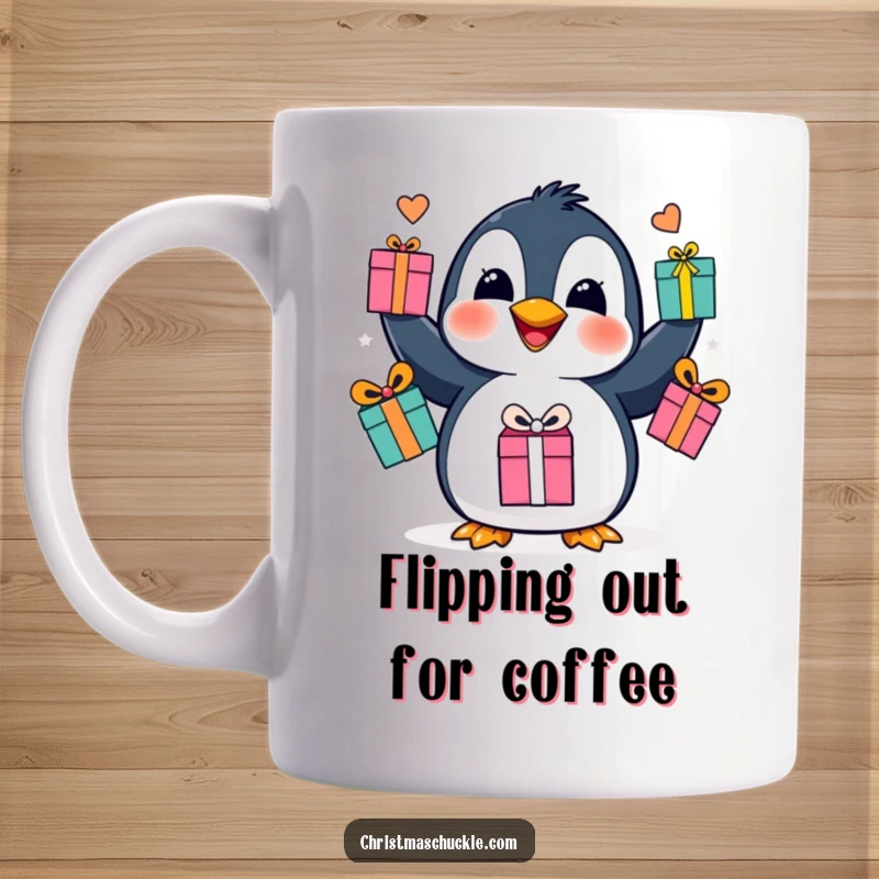 Funny penguin juggling presents mug, a cheerful bird showcasing impressive flipper skills with gift boxes, spreading holiday joy.