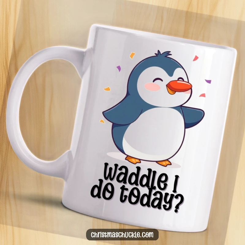 Funny mug featuring a cheerful penguin balancing a bright red nose on its beak, with colorful confetti gently falling around it.