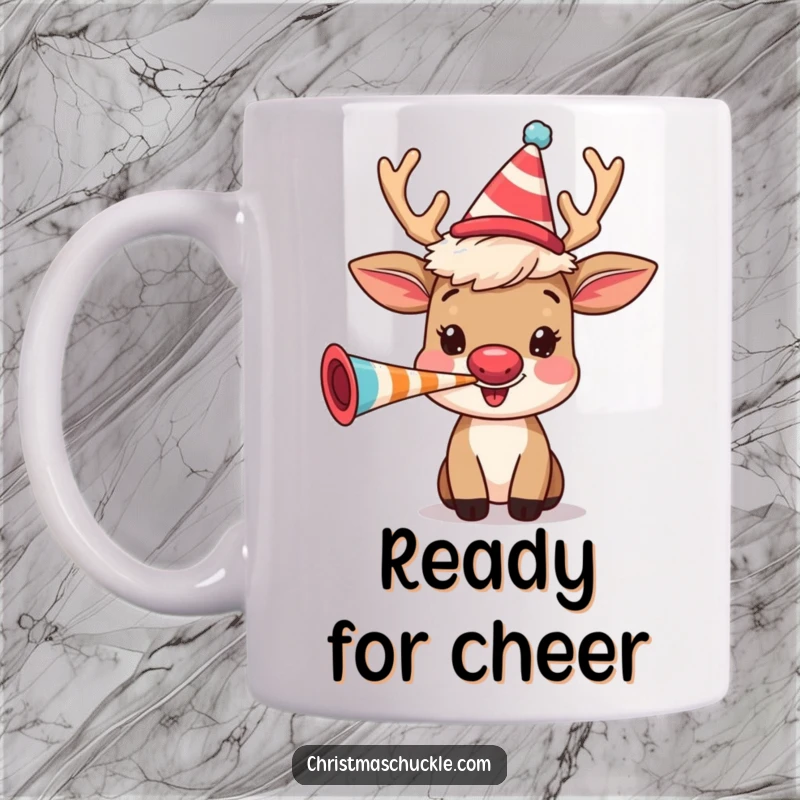 Funny happy reindeer with a clown wig, happily blowing a party horn on a ceramic mug, bringing festive humor.