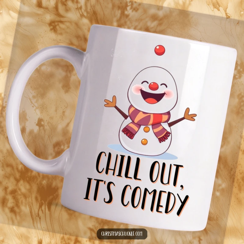 Funny snowman clown mug, comically juggling snowflakes with a wide, unstable grin, perfect for a silly winter gift.