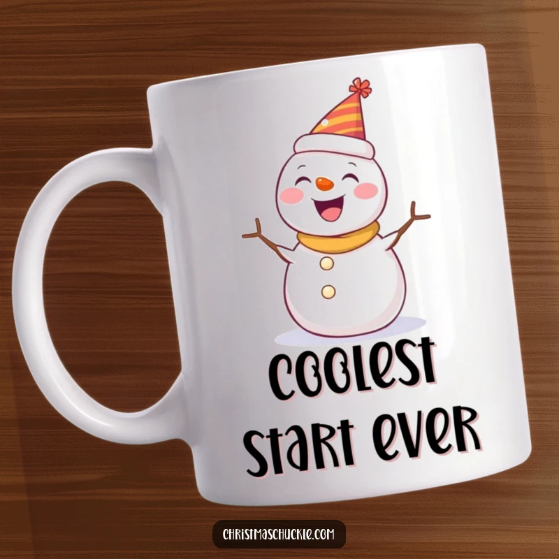 Funny mug featuring a happy snowman wearing a tiny party hat, joyfully spinning around with a big smile, perfect for winter days.