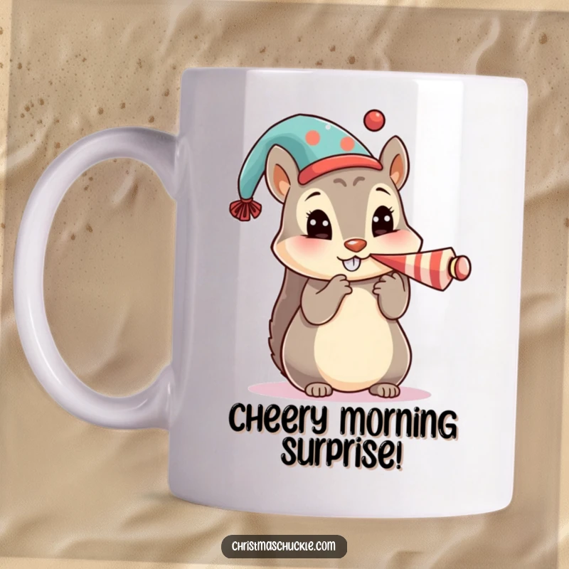 Funny mug featuring a cute squirrel character wearing a festive hat and honking a tiny clown horn with joy.