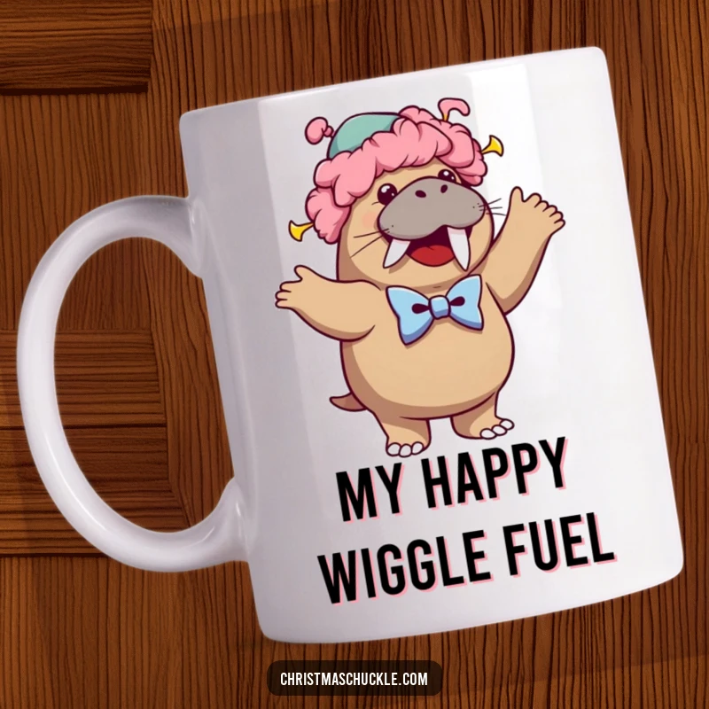 Funny mug featuring a cheerful walrus dressed as a clown, wearing a colorful wig and oversized bowtie, performing a goofy dance.