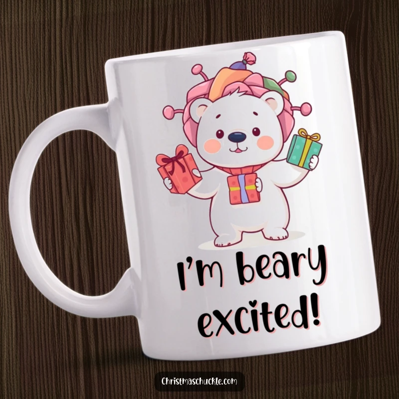 Funny mug featuring a curious polar bear wearing a silly clown wig, playfully juggling three wrapped presents with a mischievous grin.