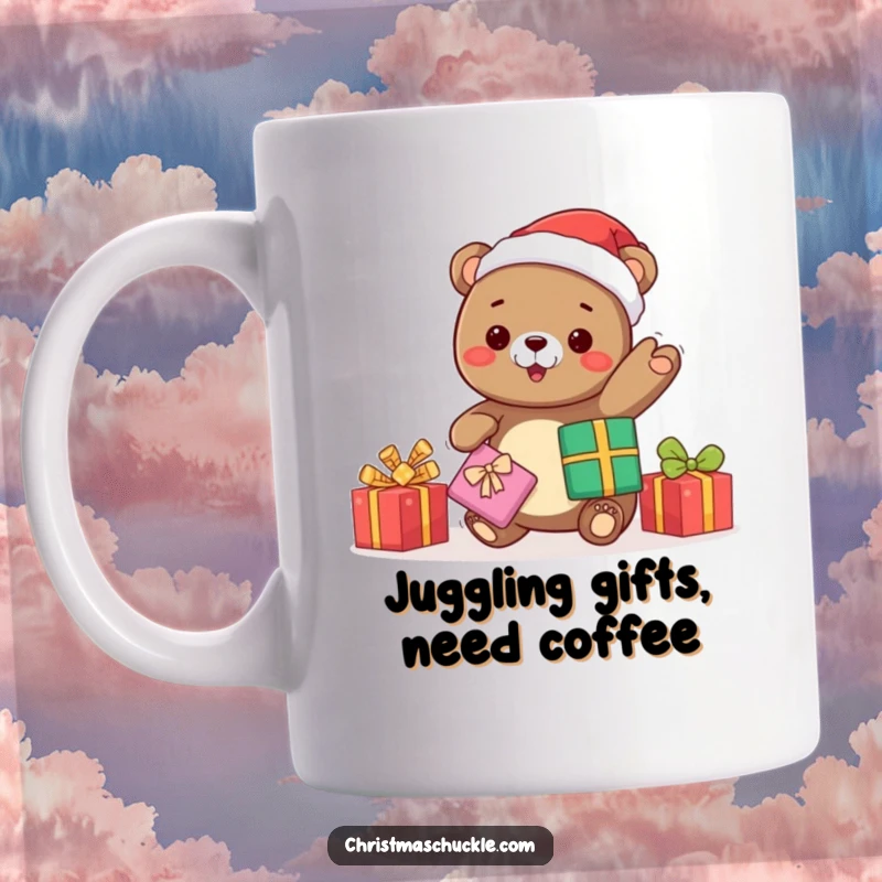 Funny kawaii bear in a Santa hat gleefully juggling gifts, a humorous Christmas mug, perfect for spreading holiday cheer.