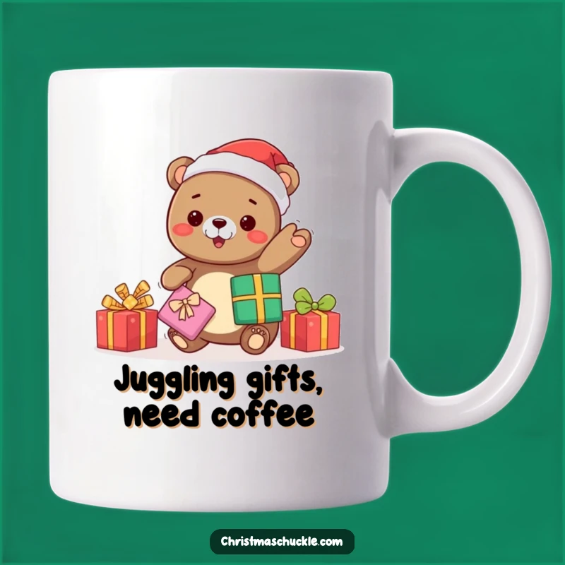 Funny Kawaii Bear Santa Mug: Juggling Presents Hilariously - Perfect Funny Gift!