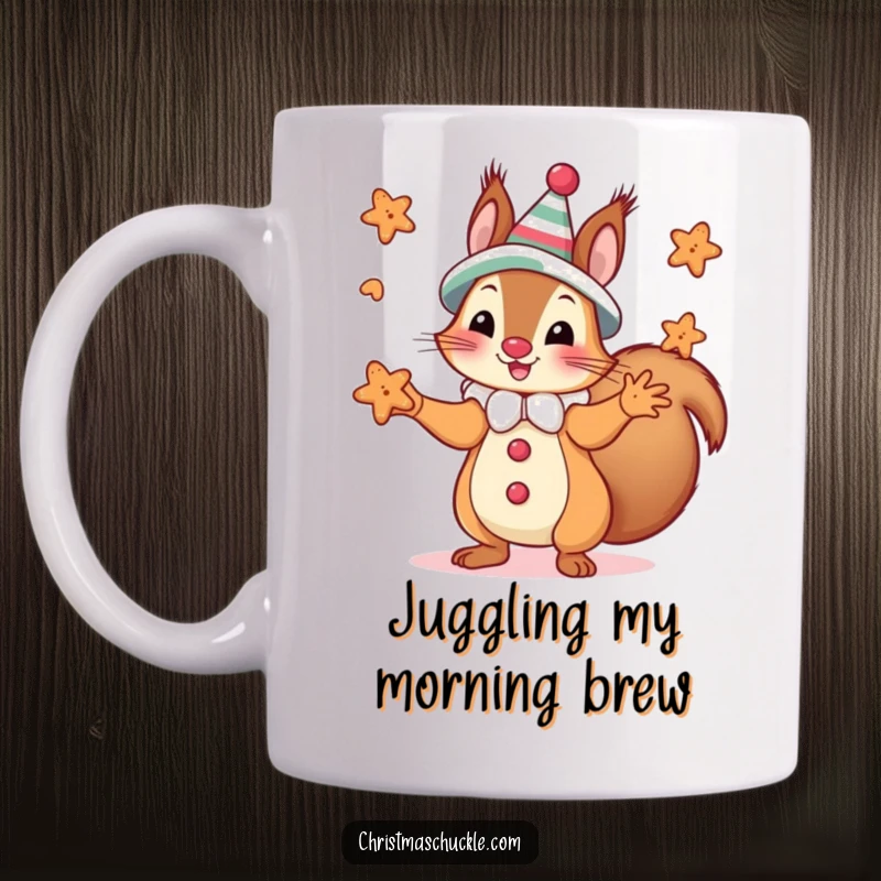 Funny silly squirrel dressed as a clown, skillfully juggling small gingerbread cookies, mug.